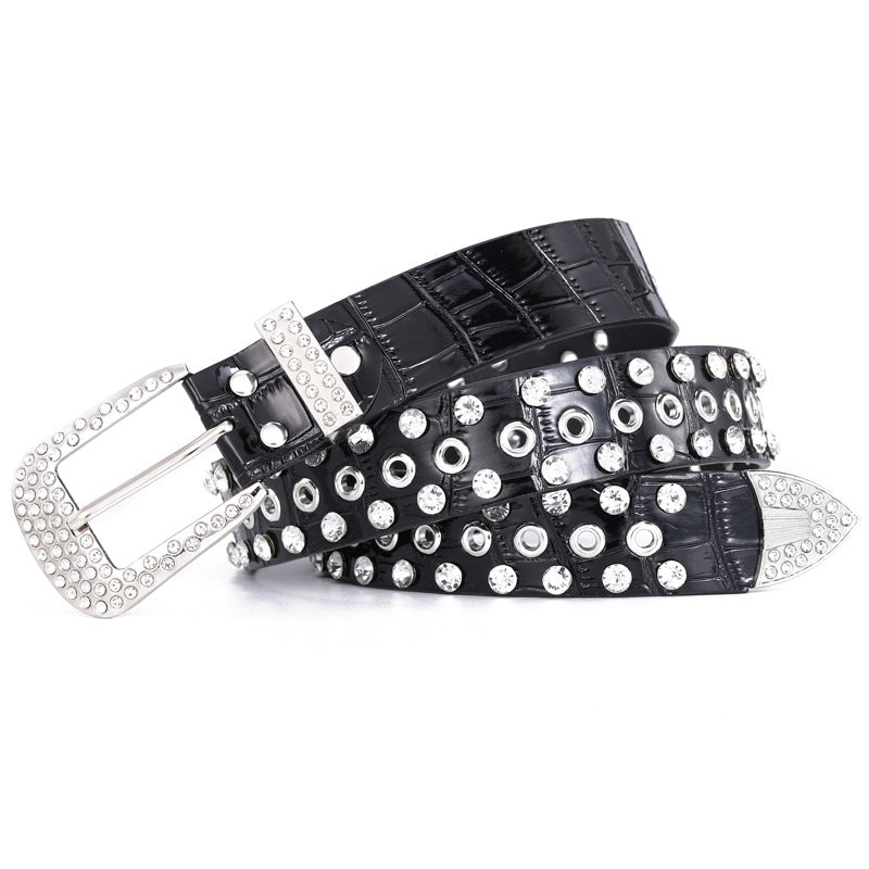 Buckle Three-piece Diamond Belt Female Leisure Rhinestone in Red