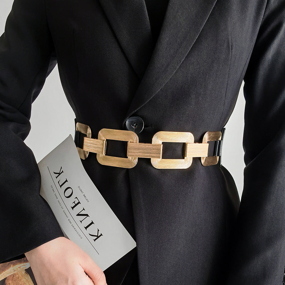 The New Women's Gold Black Wide Belt Decoration Fashion Elastic Metal Waist Cover with Skirt Coat Closed in BLACK