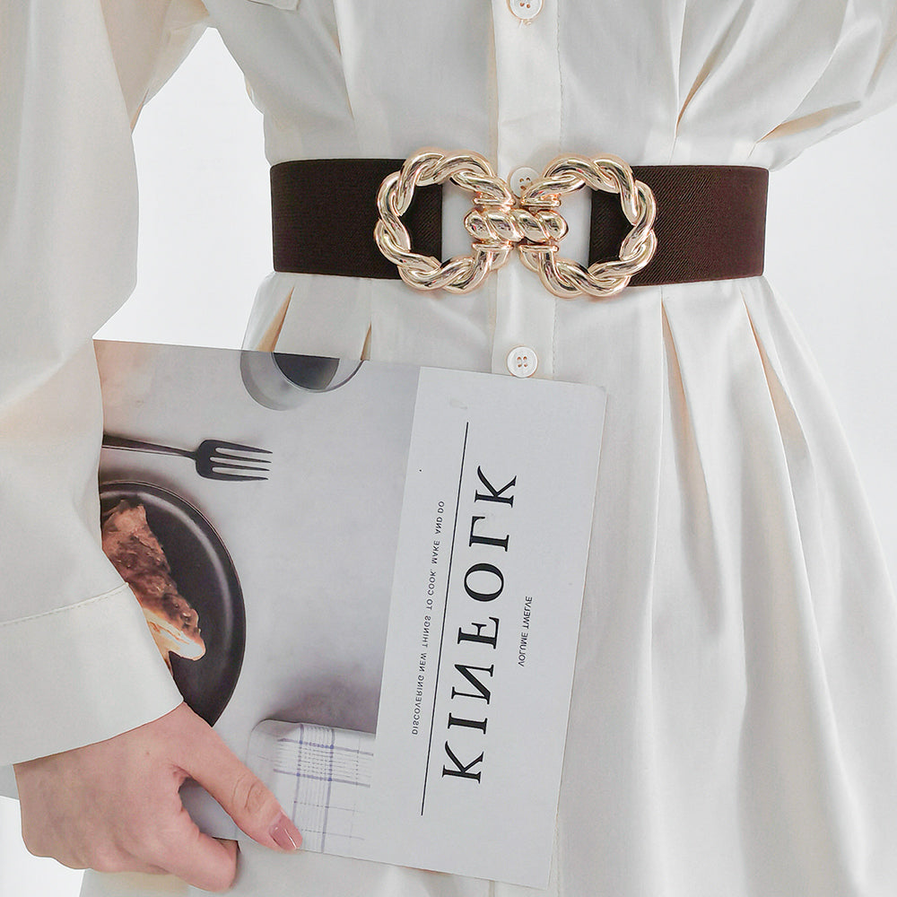 Women's Decoration Wide Simple Waist Round Metal Button-down Belt Matching Dress Son Suit Jacket Retraction Elastic Seal in BLUE