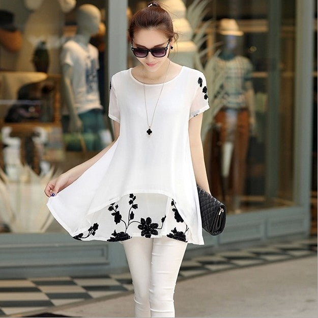 Summer Clothing New Short Sleeve Women's Embroidered Chiffon Shirt Plump Girls' Plus Size Women in White