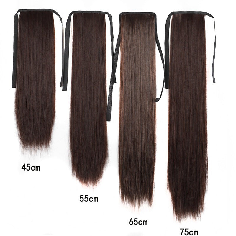 Lace-up Fashion Soft Wig Ponytail Realistic Matte Silk Long Straight Hair in Natural Black