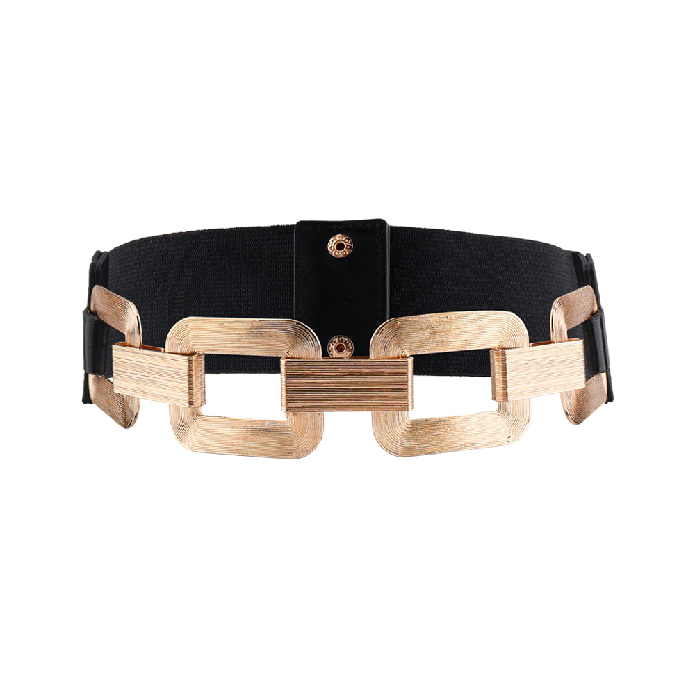The New Women's Gold Black Wide Belt Decoration Fashion Elastic Metal Waist Cover with Skirt Coat Closed