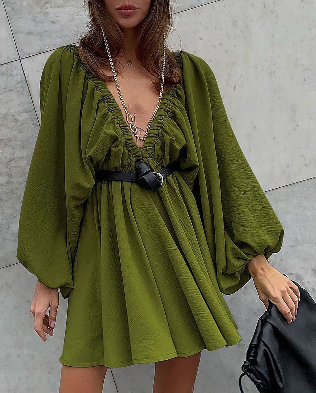V-neck Lantern Sleeve Dress Fashion Loose Long-sleeved Dresses for Women Clothing in Purple