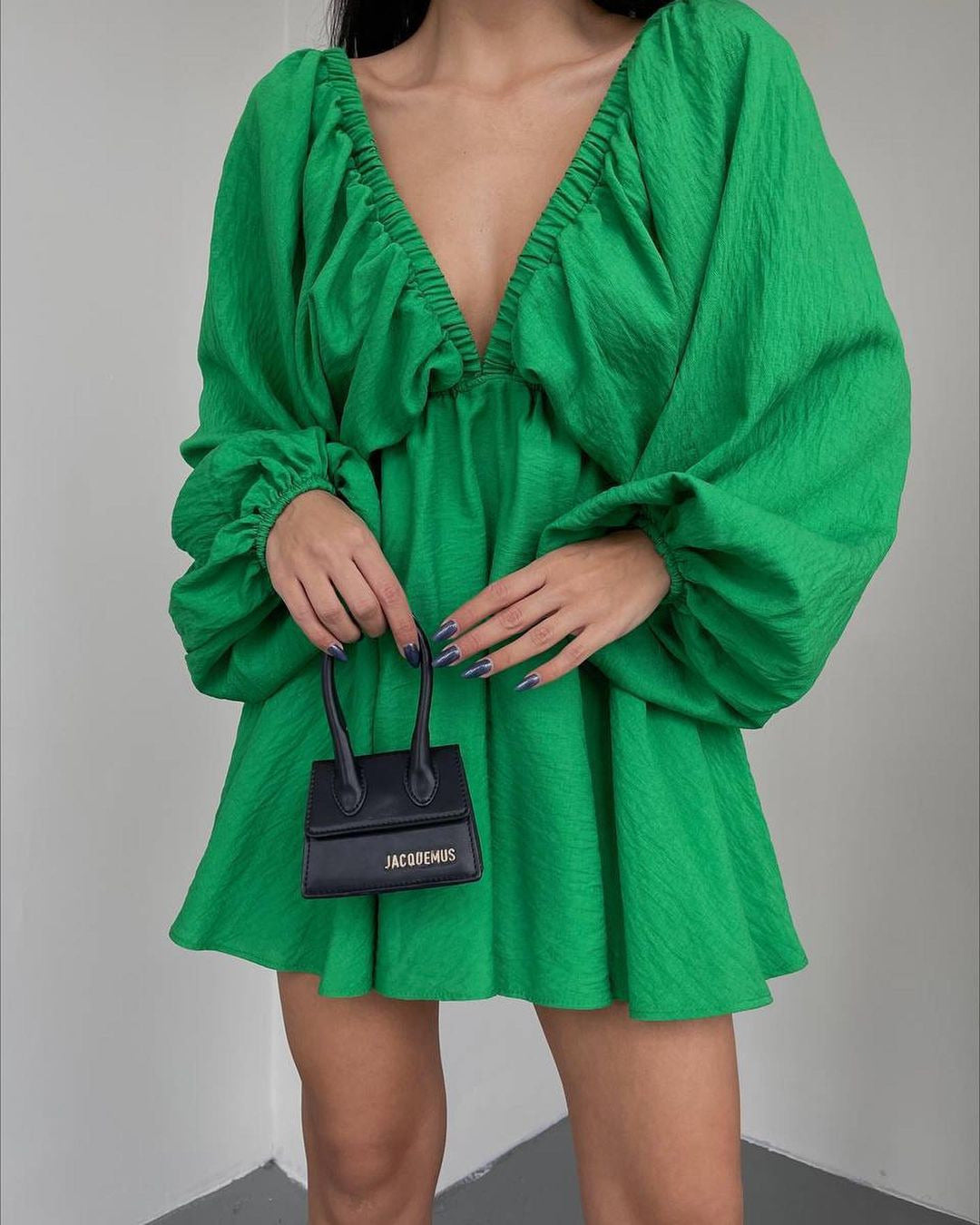 V-neck Lantern Sleeve Dress Fashion Loose Long-sleeved Dresses for Women Clothing in Purple
