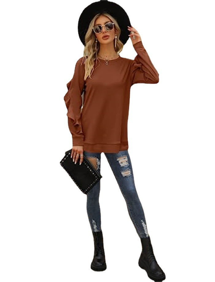 Women's Clothing Casual Round Neck Sweater Pleated Long Sleeve Top for Women in Red