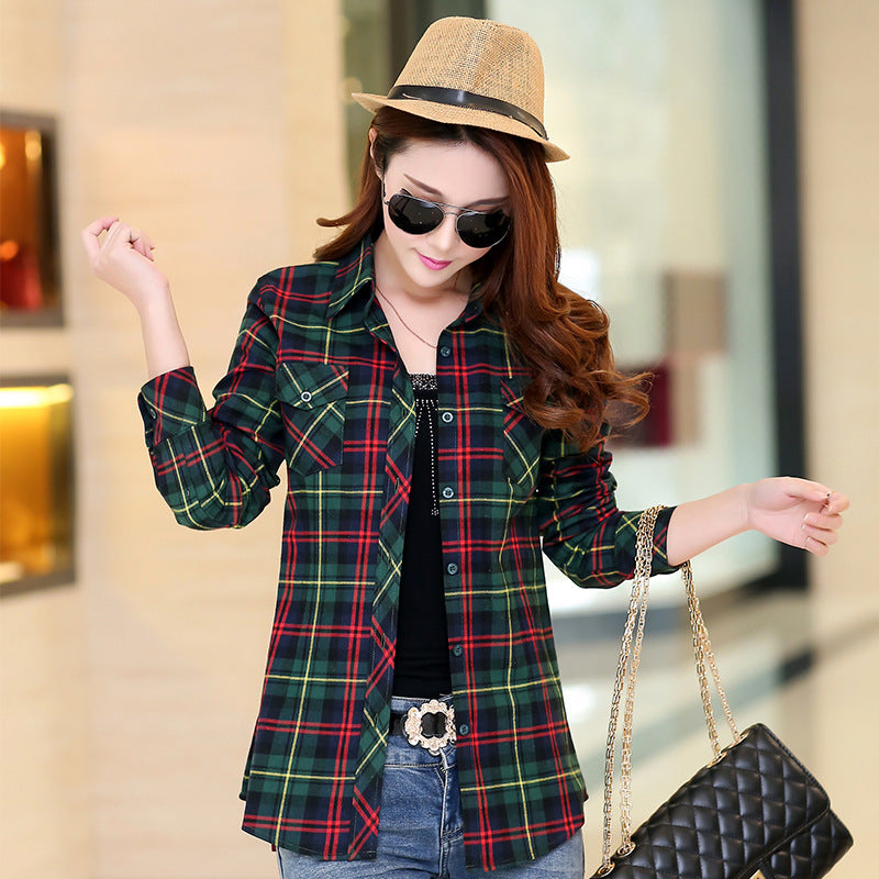 Plaid Women's Autumn Clothing Slim Women Loose Cotton Long Sleeve Shirt in Green Blue Yellow 88666