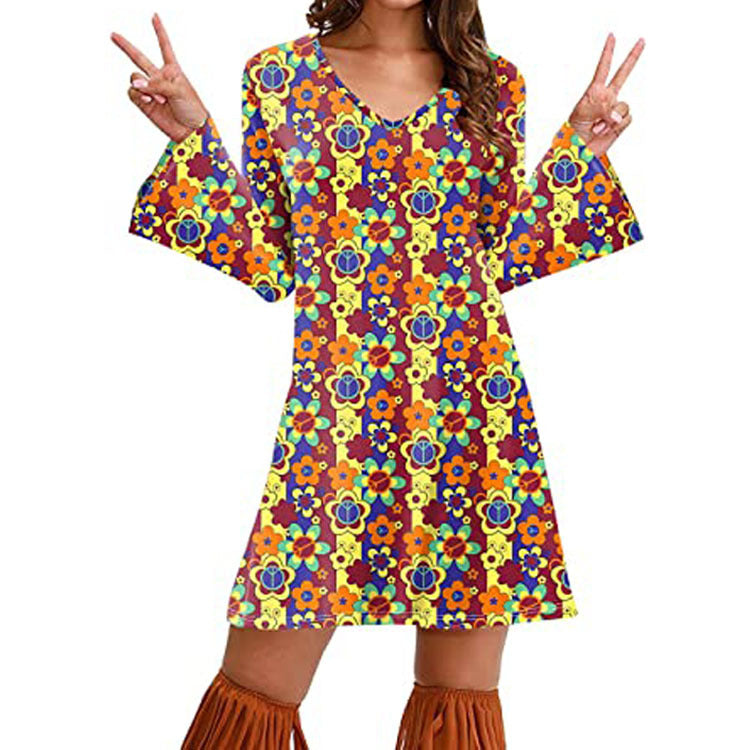 Hippie Clothing Print Dress Women in Brown