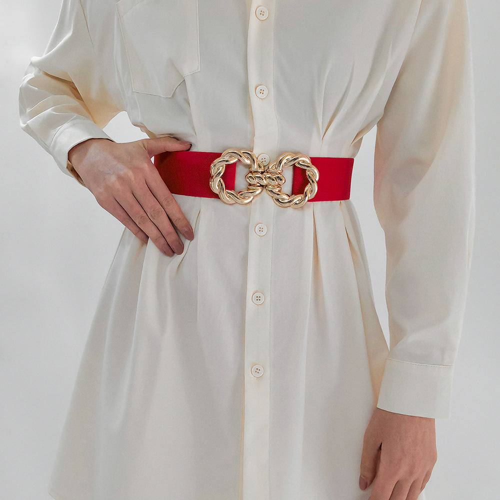 Women's Decoration Wide Simple Waist Round Metal Button-down Belt Matching Dress Son Suit Jacket Retraction Elastic Seal in Coffee