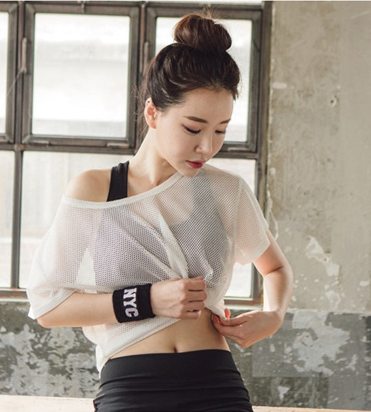 Women Yoga Shirt Hollow Out Mesh Blouse Crop Tops Sports Running Tshirt Breathable Fitness Gym Clothing for in White