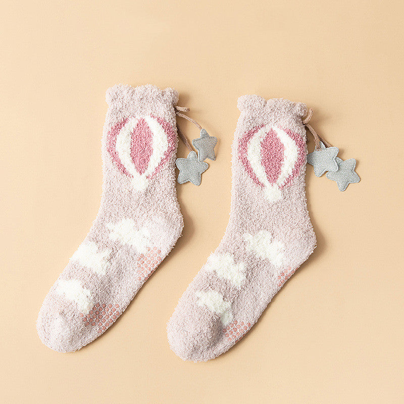 Winter Thick Women's Socks Japanese Sweet Girl Coral Fleece in Blue Little Rainbow 2PC