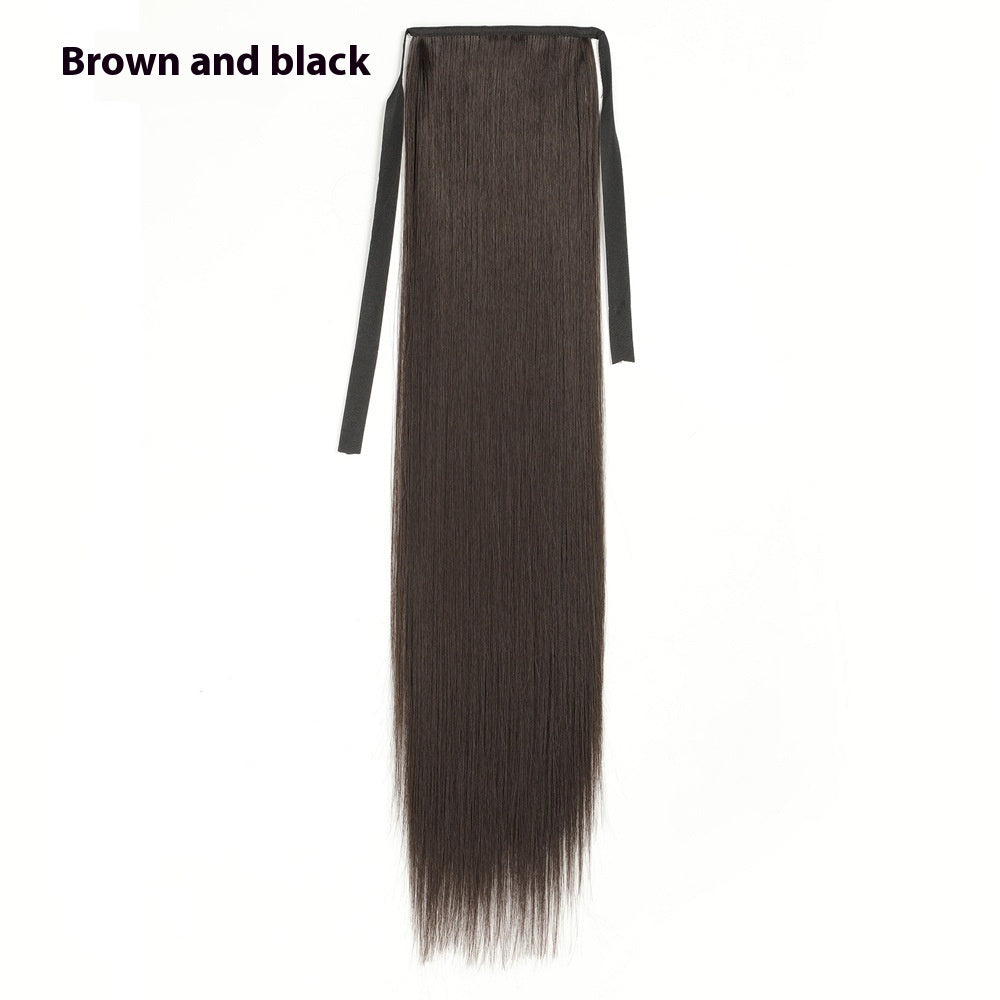 Lace-up Fashion Soft Wig Ponytail Realistic Matte Silk Long Straight Hair in Brown Black