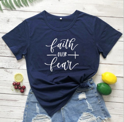 Faith Over Fear Christian T-shirt Religion Clothing for Women Shirt in Gray