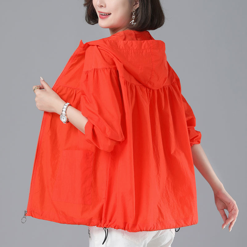 Spring New Loose Blouson Sun Protection Clothing for Women in Brick Red