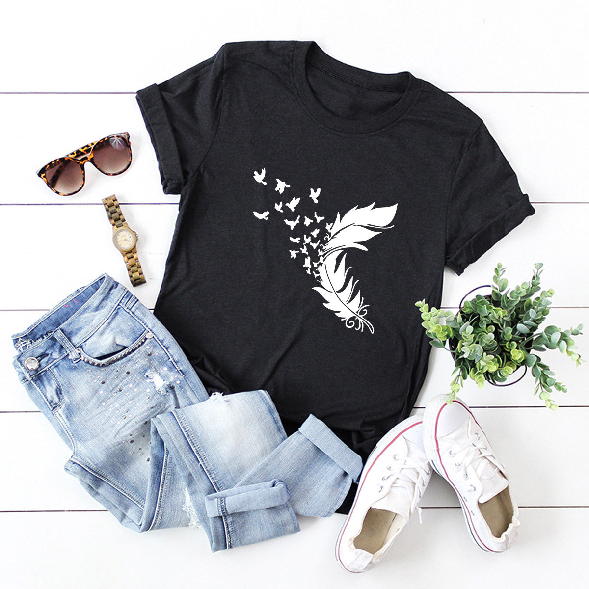 Summer Plus Size Women Clothing New Feather Print T-shirt in Yellow
