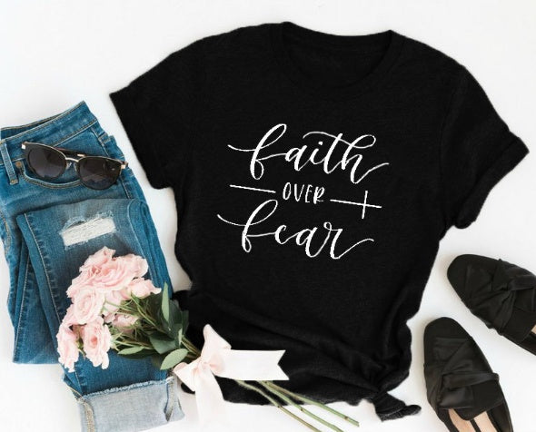 Faith Over Fear Christian T-shirt Religion Clothing for Women Shirt in Gray