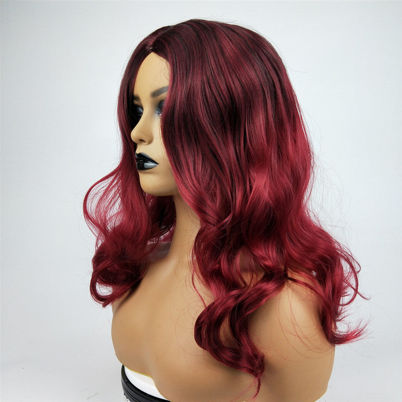 Wig Female Burgundy Long Curly Hair Big Wavy Gradient Color in Wine Red