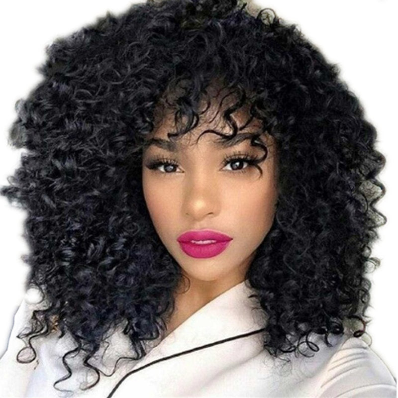 Wigs, African Short Curly Hair Female Fluffy Small Bangs, Long in Black