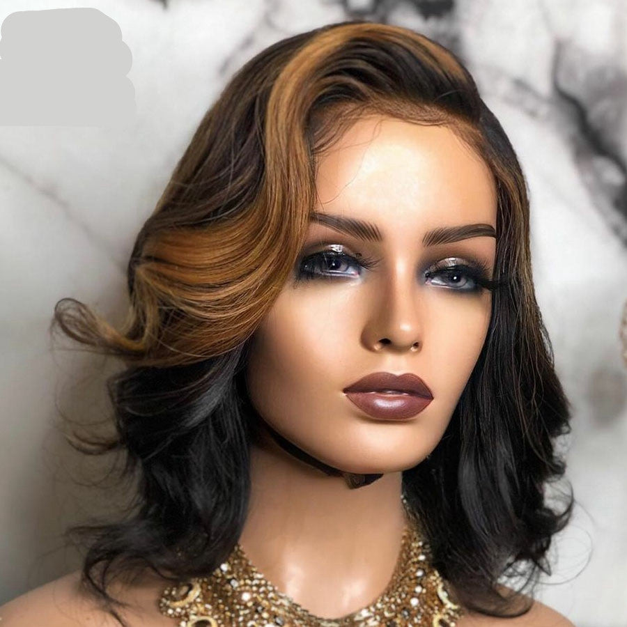 Wigs, Mid-point Black and Brown Short Curly Hair in Main color