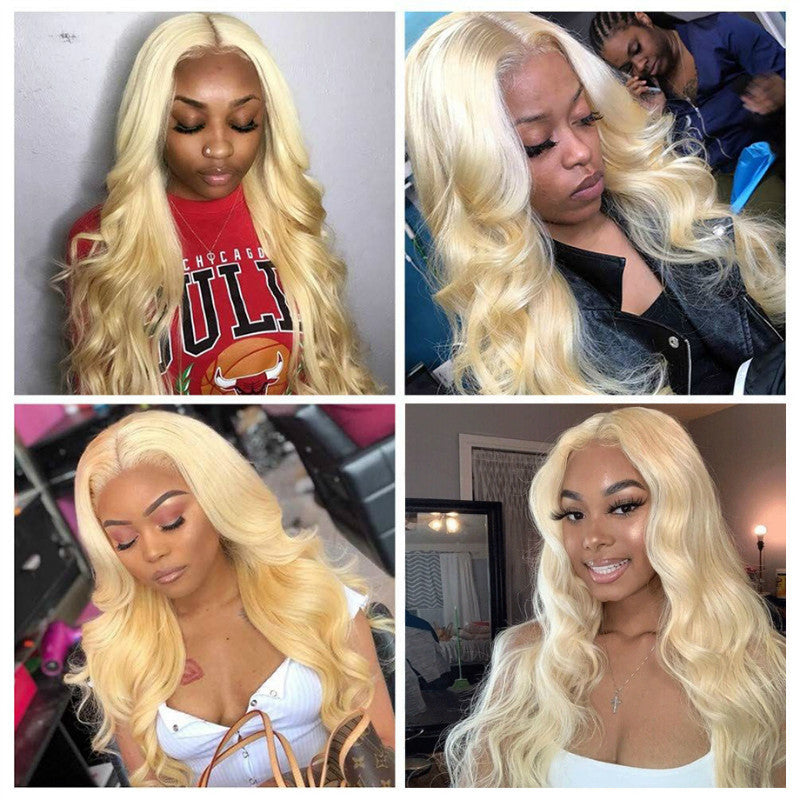 Blonde Lace Front Wig Transparent Frontal Pre Plucked Brazilian Body Wave Human Hair Wigs in Light gold