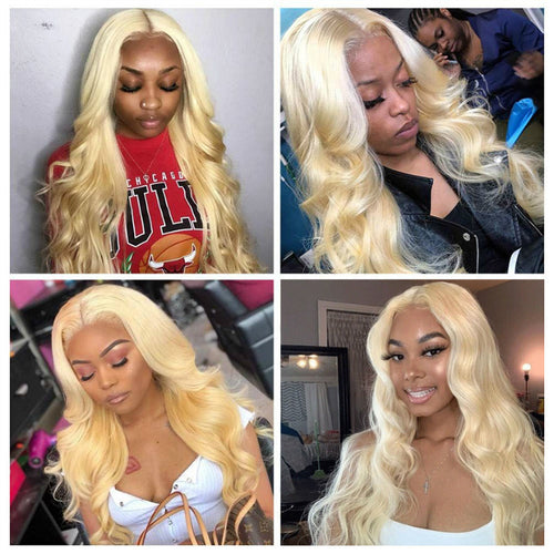 Blonde Lace Front Wig Transparent Frontal Pre Plucked Brazilian Body Wave Human Hair Wigs in Light gold
