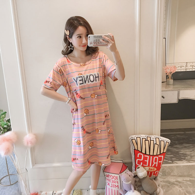 Spring and Summer Confinement Clothing Cartoon Breastfeeding Dress Nursing Pregnant Women Pajamas Postpartum Outing Hot Mom Large Size in Pink Vneck skirt