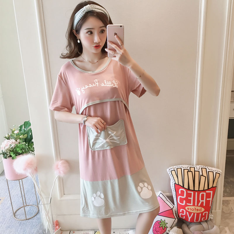 Spring and Summer Confinement Clothing Cartoon Breastfeeding Dress Nursing Pregnant Women Pajamas Postpartum Outing Hot Mom Large Size in Lily Pink Dress