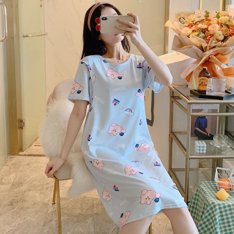 Spring and Summer Confinement Clothing Cartoon Breastfeeding Dress Nursing Pregnant Women Pajamas Postpartum Outing Hot Mom Large Size in Striped leopard skirt