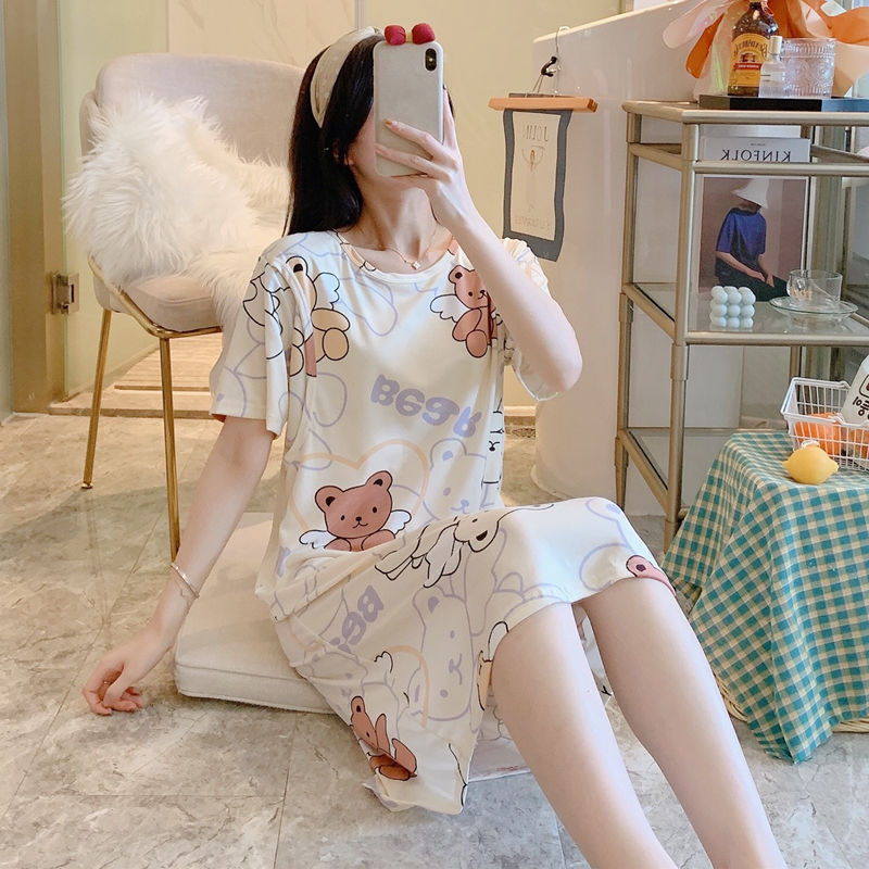 Spring and Summer Confinement Clothing Cartoon Breastfeeding Dress Nursing Pregnant Women Pajamas Postpartum Outing Hot Mom Large Size in Lily green dress