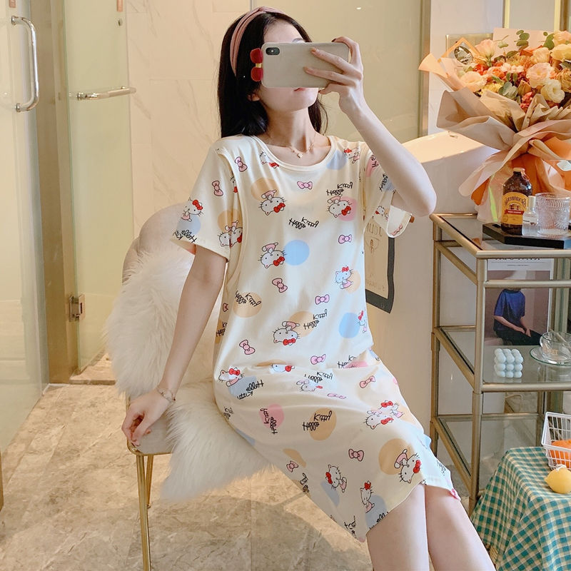 Spring and Summer Confinement Clothing Cartoon Breastfeeding Dress Nursing Pregnant Women Pajamas Postpartum Outing Hot Mom Large Size in Striped leopard skirt