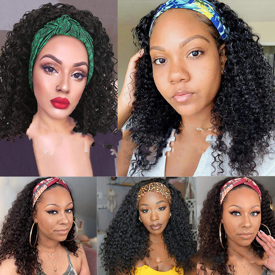 Turban Headband Mid-length Wigs Africa Europe and America Hair in Black
