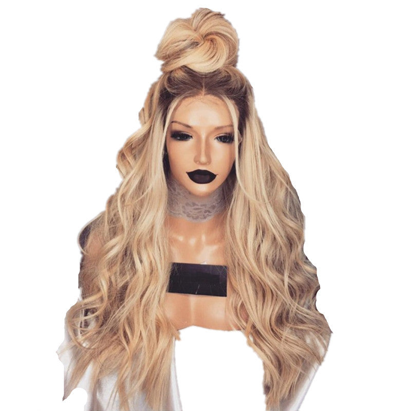 Dyed Wigs, Ladies Mid-length Curly Hair, Fashion Black Golden Yellow Gradient Wig in Yellow