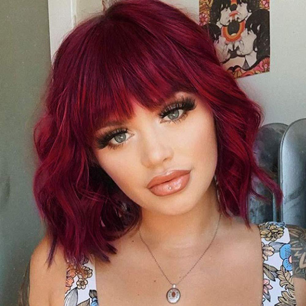 Wigs Black Ladies Short Curly Hair Wig Set in Wine Red