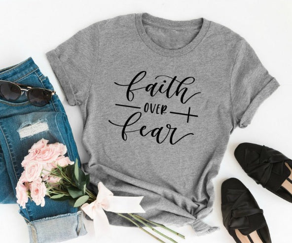 Faith Over Fear Christian T-shirt Religion Clothing for Women Shirt in Gray