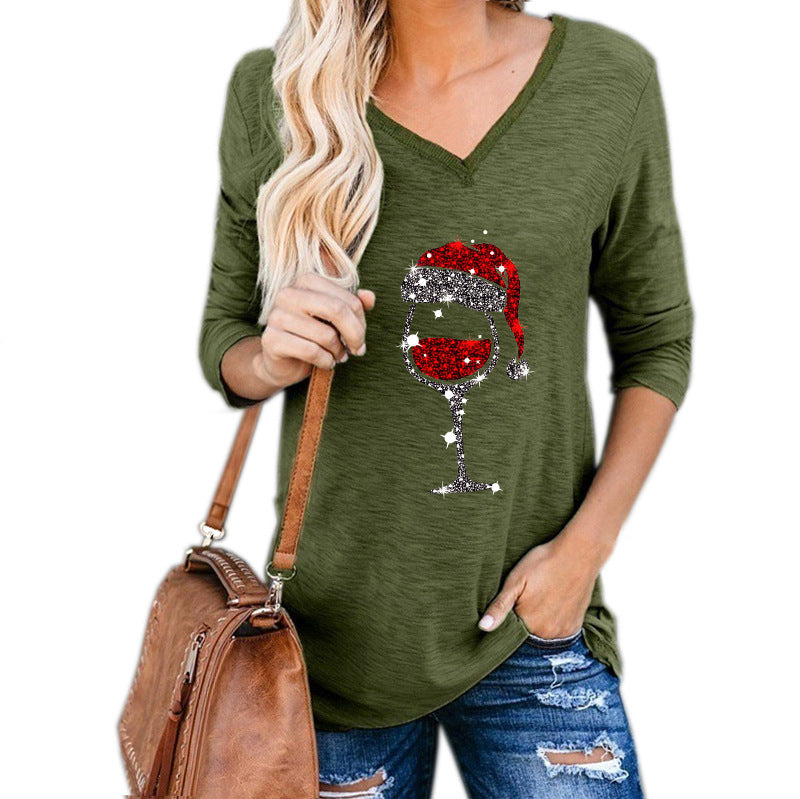 Christmas Wine Glass Print Plus Size Women Clothing in Green