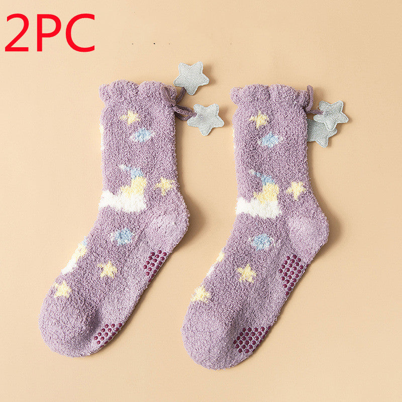 Winter Thick Women's Socks Japanese Sweet Girl Coral Fleece in Hot air balloon