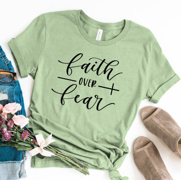 Faith Over Fear Christian T-shirt Religion Clothing for Women Shirt in Gray