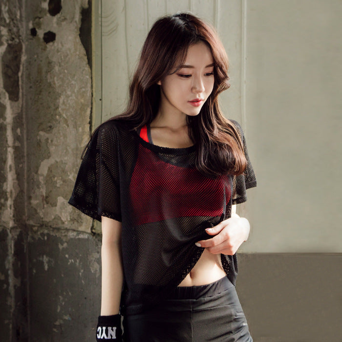 Women Yoga Shirt Hollow Out Mesh Blouse Crop Tops Sports Running Tshirt Breathable Fitness Gym Clothing for in Black