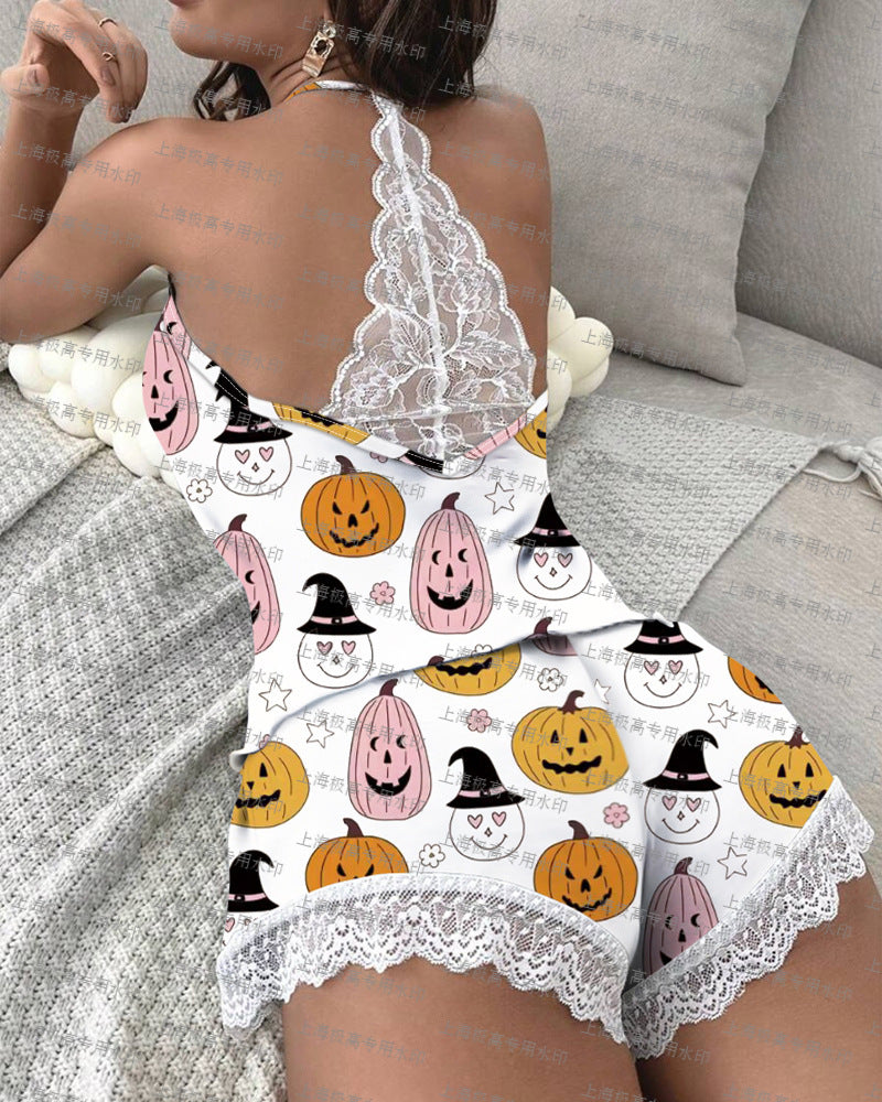 Women Clothing Lace Stitching Home Underwear Suit in Black