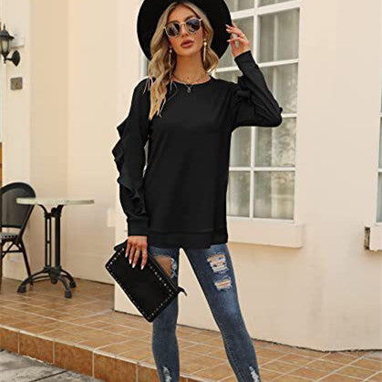 Women's Clothing Casual Round Neck Sweater Pleated Long Sleeve Top for Women in Red