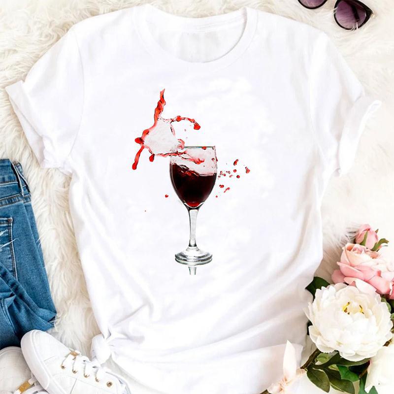 Women Printing Clothing Wine Lady Short Sleeve Casual in White2.