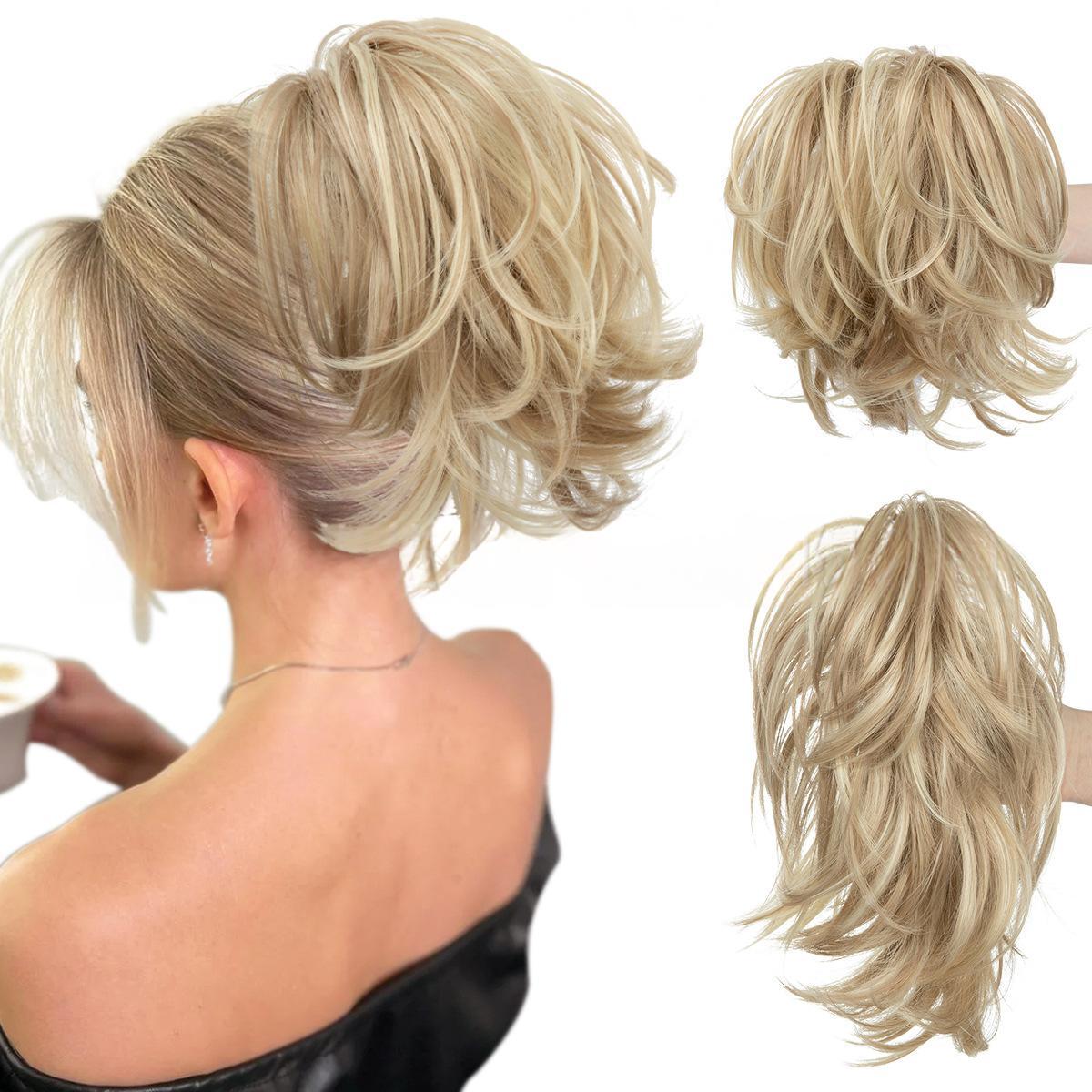 High-temperature Synthetic Hair Wig Clip-on Ponytail Women's Short Style Voluminous Small Curls in 27T613