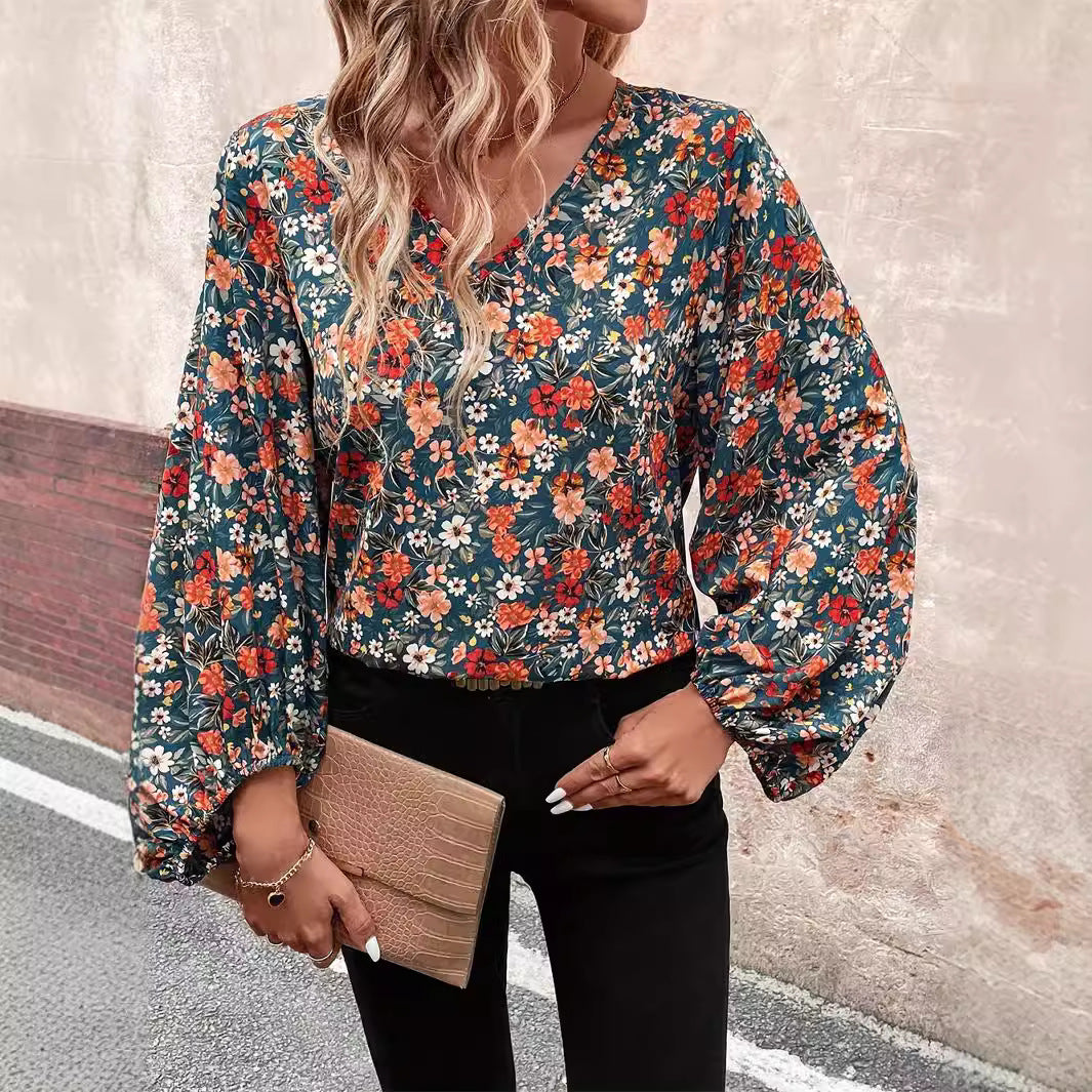 Women's V-neck Long Sleeve Shirt Autumn Women Clothing Casual in Color
