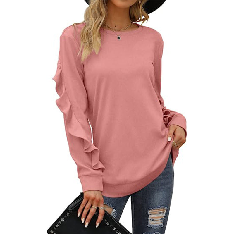 Women's Clothing Casual Round Neck Sweater Pleated Long Sleeve Top for Women in Red