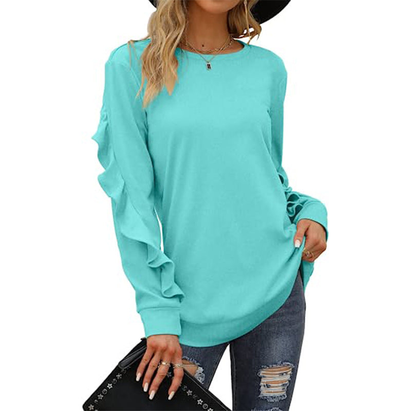 Women's Clothing Casual Round Neck Sweater Pleated Long Sleeve Top for Women in Pink