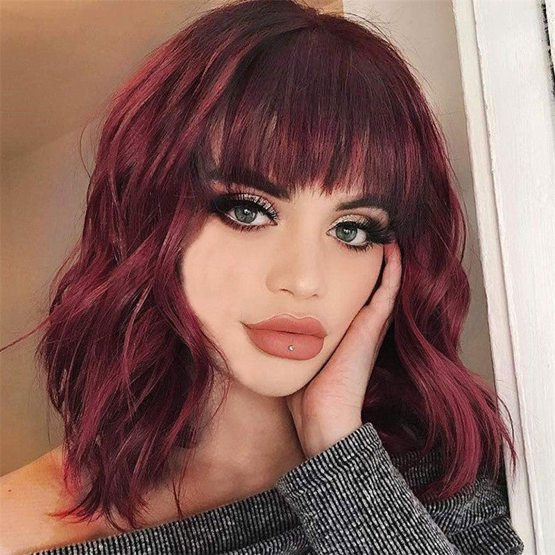 Shoulder-length Corn Curler Wine Red Short Curly Hair Human Wigs in Wine Red