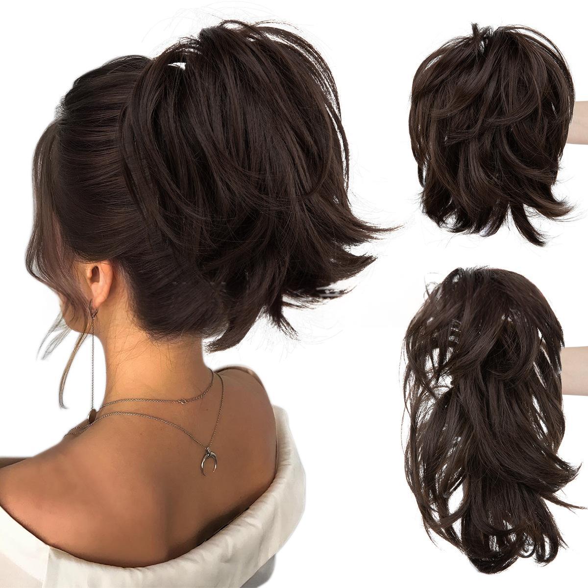 High-temperature Synthetic Hair Wig Clip-on Ponytail Women's Short Style Voluminous Small Curls in 8B