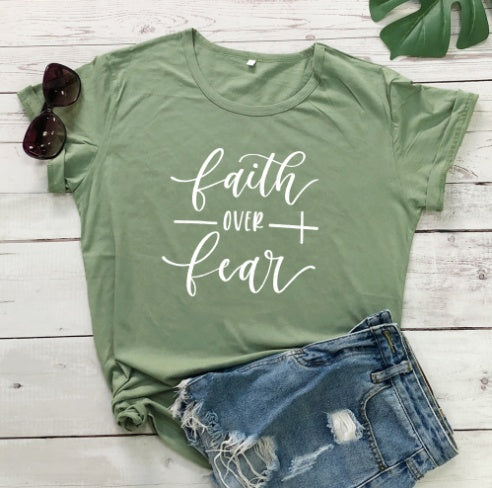 Faith Over Fear Christian T-shirt Religion Clothing for Women Shirt in Pink