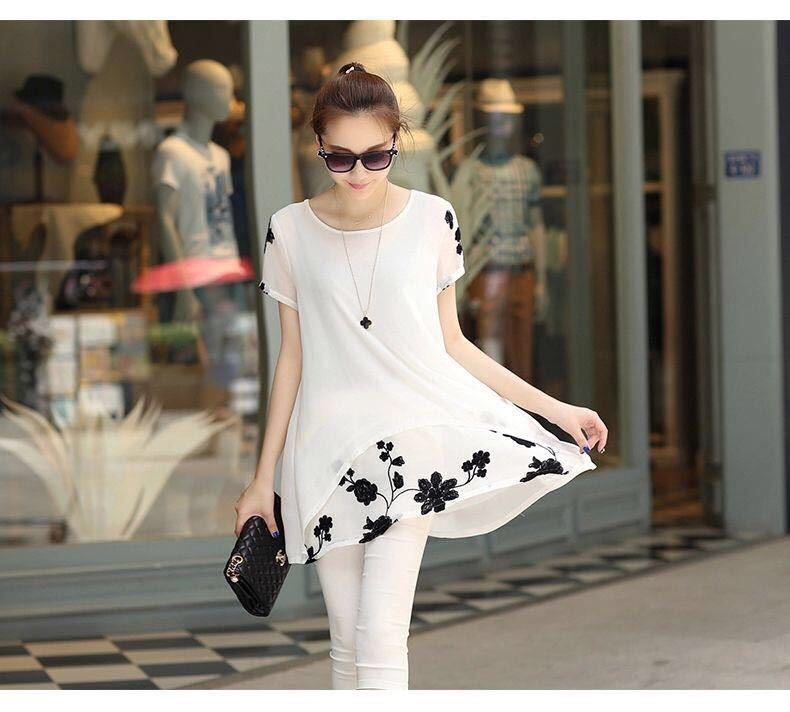 Summer Clothing New Short Sleeve Women's Embroidered Chiffon Shirt Plump Girls' Plus Size Women in White