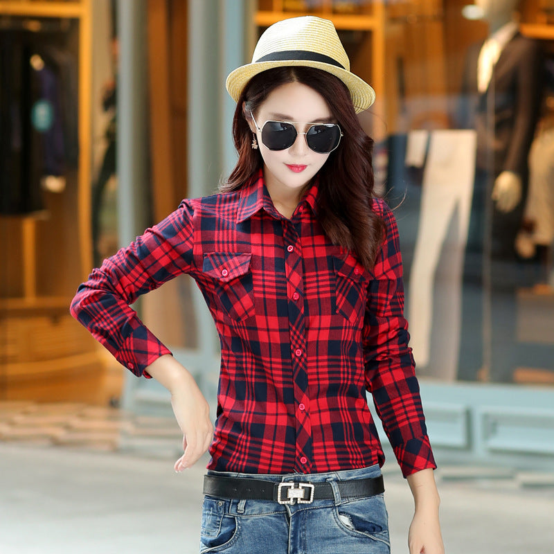 Plaid Women's Autumn Clothing Slim Women Loose Cotton Long Sleeve Shirt in 88661 Red Blue