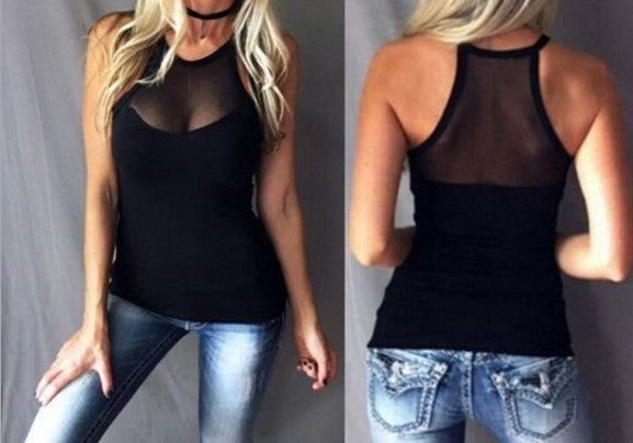 See-through Casual Round Neck Mesh Vest Sexy Women Clothing in Black